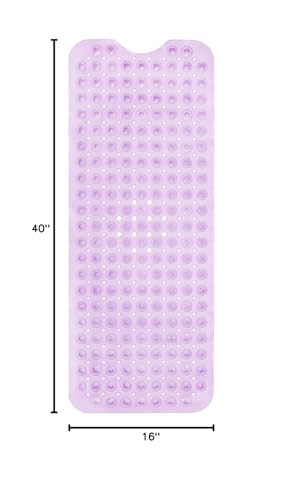 ENKOSI Non-Slip Bath & Shower Mat 40x16 Extra Long, Suction & Drain Holes | Clear Purple look; Durable PVC; 40x16 in, Clear Purple - color: Clear Purple