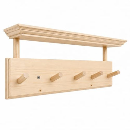Matías Coat Rack Wall Mount with Shelf, 18 Inch Solid Wood Peg Rail, Wall Mounted Coat Rack with 5 Hooks, Wall Mount Shelf for Entryway, Bathroom or Bedroom (Natural Wood) - color: natural wood