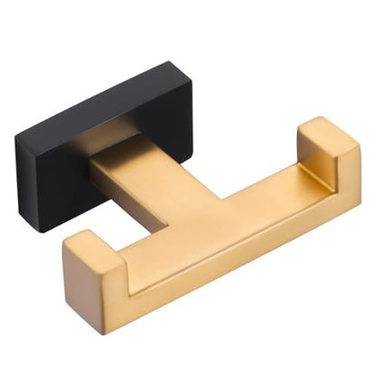 Double Bathroom Towel Hook - Modern Gold & Black Tower Holder - Heavy Duty Robe Hooks for Wall - Stainless Steel Shower Towel Hanger - color: Gold & Black