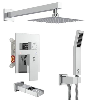SR SUN RISE 8 Inch All Metal Square Shower System with Tub Spout, Tub Shower Faucet Set, High Pressure Rain Shower Head and Handheld Sprayer Shower Fixtues, Valve Included, Polished Chrome - color: Polished Chrome, size: 8 Inch