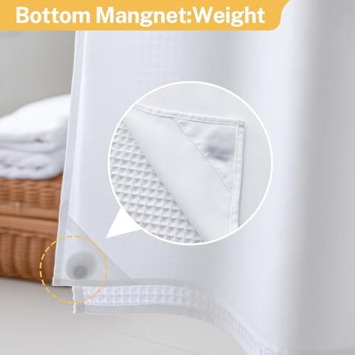 River Dream 36" W Stall Waffle No Hook Shower Curtain with Snap-in Liner,Cotton Blend Fabric Shower Curtain for Bathroom, White,36Wx74L