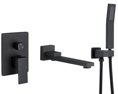 DASAN Swiveling Wall Mount Tub Filler Faucet Set with Hand Held Shower, Matte Black Modern Creative Bathtub Faucet Wall Mounted Bath Tub Faucet with High Flow Rough in Valve, SA-TF05WH-MB - color: Matte Black