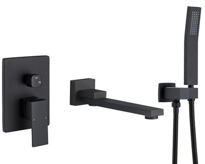 DASAN Swiveling Wall Mount Tub Filler Faucet Set with Hand Held Shower, Matte Black Modern Creative Bathtub Faucet Wall Mounted Bath Tub Faucet with High Flow Rough in Valve, SA-TF05WH-MB - color: Matte Black