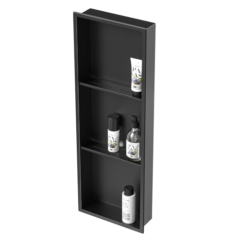Stainless Steel Shower Niche Matte Black 36" X 12" W/ 3-Tier Shelf | Recessed shower niche no tile needed,space-saving,vertical niche, silver bathroom niche shower for shampoo & soap storage - color: Matte Black, size: 36"x 12"
