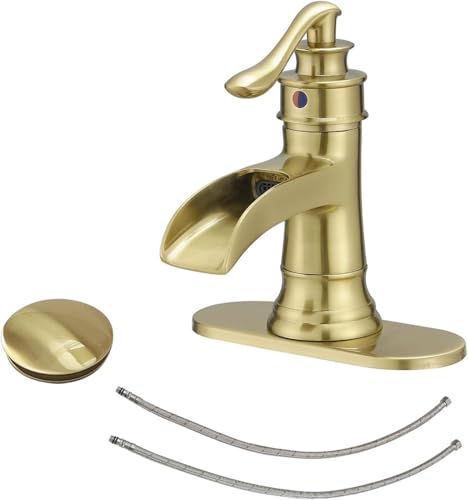 BWE Solid Brass Brushed Gold Waterfall Bathroom Faucet for Modern & Classic | Wide Waterfall Spout, Ceramic Cartridge, Fits 1 or 3-Hole Sink, Single Handle, Hardware Kit Included, Not for Vessel Sink - color: Brass Gold