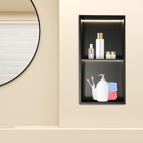 Stainless Steel Shower Niche, 2 Tiers Recessed Shower Niche, 12''x24'' Wall Nich Shower Shelf Insert w/ LED Light & Shelf, Embedded Storage Alcove Wall for Bathroom Storage(Black, LED, 12x24in)