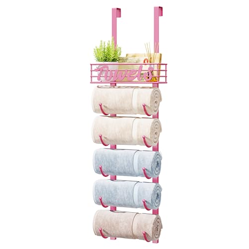 HapiRm Towel Racks for Bathroom Storage - 6 Tier Over The Door & Wall Mount Rolled Towel Storage Organizer Holder with Metal Shelf Basket for Small Bathroom, Camper, Rv - Pink, Patented - color: Pink, size: 6-Tier