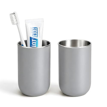 Unbreakable Stainless Steel Toothbrush Holder Tumbler Cup for Bathroom 13oz | Reusable Kids Bathroom Tumbler Cup & Tooth Brush Holder, Countertop Toothpaste Organizer Storage Set, Grey 2 Pack - color: Grey