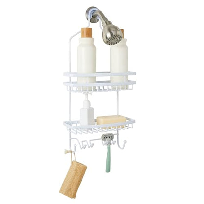 Bath Bliss Shower Head Caddy, Suction Cup Backing, 2 Tier Shelving & 6 Accessory Hooks, White (23386-WHITE) - color: White