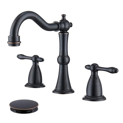 Oil Rubbed Bronze Antique Bathroom Faucet 3 Hole, Widespread 8in Bathroom Sink Faucet with Pop Up Drain and cUPC Supply Hose, Modern 2 Handle Three Hole Bathroom Faucet Bronze JXM3073ORB - color: Oil Rubbed Bronze