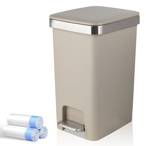 UUJOLY Small Bathroom Trash Can with Lid Step Pedal, 2.6 Gallon, Khaki | Soft-Close Sturdy Garbage Can + 3 Rolls Trash Bags, For Bathroom, Kitchen, Bedroom, Office, Dorm, Laundry, RV - color: Khaki