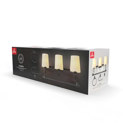Globe Electric 63000206 5-Piece All-in-One Bathroom Set, 3-Light Vanity Light, Matte Black, Linen Shades, Towel Bar, Robe Hook, Toilet Paper Holder, Towel Ring, Bathroom Lights Over Mirror - color: Matte Black, Linen