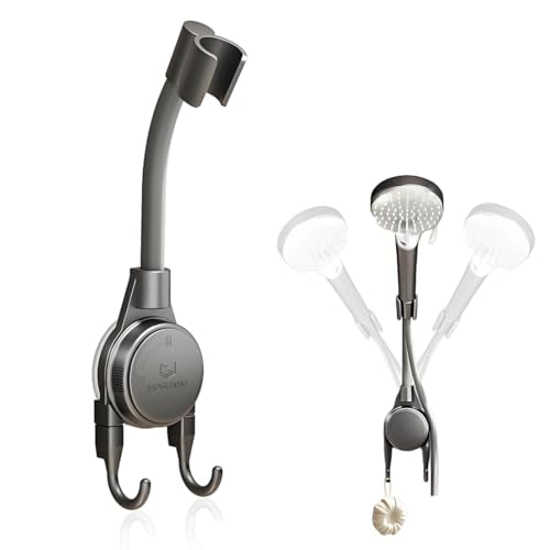 Shower Head Holder, 360° Swivel Adjustable Extra Length Arm, Flexible Wall Mount Shower Hose Holder, Removable Hand Held Shower Bracket with No Drill Suction Cup & Bonus Hook for Bathroom, Kitchen