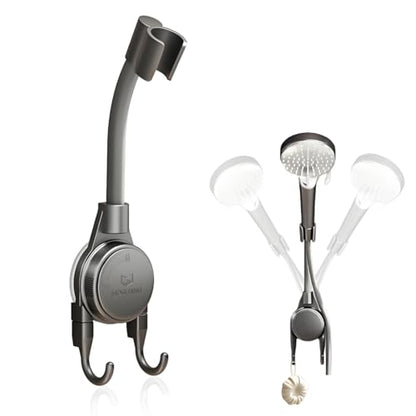Shower Head Holder, 360° Swivel Adjustable Extra Length Arm, Flexible Wall Mount Shower Hose Holder, Removable Hand Held Shower Bracket with No Drill Suction Cup & Bonus Hook for Bathroom, Kitchen
