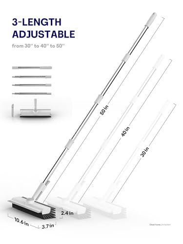 3 in 1 Floor Scrub Brush with Long Handle, Multi-Angle Swivel Head | Stiff Dual-side Bristle, Floor Scrubber with Squeegee & Tweezer for Tile Wall Deck Bathtub Patio Garage Pool Kitchen (White) - color: White
