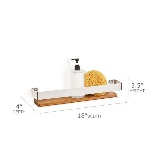 Seachrome Rectangular Shower Shelf with Rail in a Polished Finish and Natural Teak Wood Insert - color: Polished