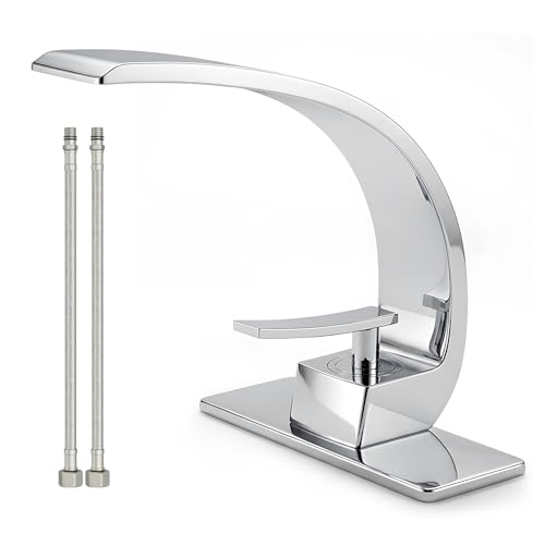 Modern Chrome Bathroom Sink Faucet, Single Hole with Deck Plate | Premium Solid Brass, Single Handle, Fits 1 or 3 Hole, Supply Lines, for Vanity, RV, Farmhouse & Commercia - color: Chrome