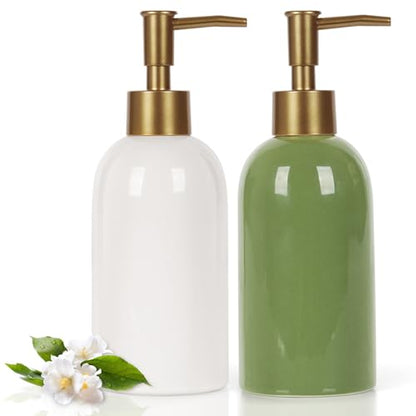 Natheeph 2PC 14OZ Ceramic Soap Dispenser Can Fill Hand Soap (White+Green) | Refillable Shampoo/Lotion/Liquid/Soap Dispenser for Bathroom, Dish Soap/Detergent for Kitchen, Soap Pump Dispenser Bottle - color: White+green