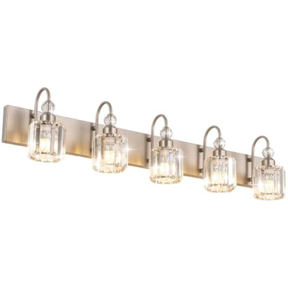 Ralbay Crystal Bathroom Vanity Light Brushed Nickel Modern 5 Light Bathroom Wall Lighting Fixtures Over Mirror - color: Round-Brushed Nickel, size: 5-light