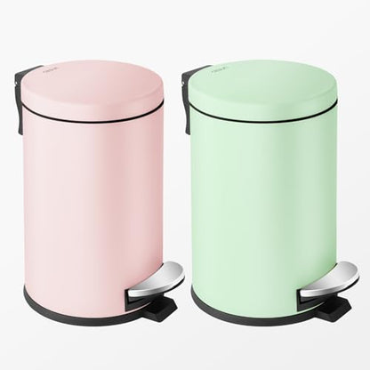 Cesun Small Round Bathroom Trash Can with Lid Soft Close, 1.2 Gal, Pink | Removable Inner Bucket, Stainless Steel Garbage Can for Bedroom/Office, Hands-Free Step Pedal, Fingerprint-Resistant - color: Pink