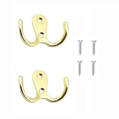 2 Pcs Double Prong Robe Hooks, Dual Coat Hooks Wall Mounted Hanging Clothes for Bathroom Bedroom Door Wall Retro Metal Cloth Hanger Double Coat Hooks with 4 Screws (Gold) - color: Gold