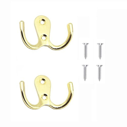 2 Pcs Double Prong Robe Hooks, Dual Coat Hooks Wall Mounted Hanging Clothes for Bathroom Bedroom Door Wall Retro Metal Cloth Hanger Double Coat Hooks with 4 Screws (Gold) - color: Gold