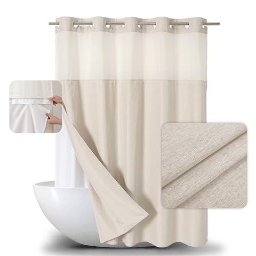 eachope Extra Long No Hooks Needed Linen Textured Shower Curtain with Snap-in Fabric Liner Set,Cream Hotel Luxury Decor Shower Curtains for Bathroom,Waterproof & Washable,71Wx86H | Extra Long,230GSM Thick Fabric,Hotel Luxury Decor,Mesh Top Window,Bottom M
