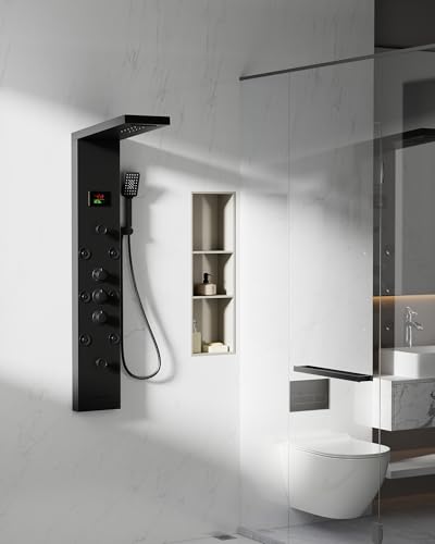 5 In 1 Shower Panel Tower System Stainless Steel Bathroom Panel Matte Black | LED Rain Waterfall Shower Head and Adjustable Massage Body Jets 3 Settings Handheld Head and Tub Spout by Homevacious - color: Matte Black