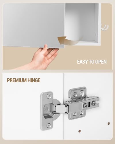 Hzuaneri Bathroom Cabinet with Mirror, Wall Cabinet with Storage Space | Wall Mounted with Reversible Install Storage Space,6 Open Compartments,3 Hidden Storage Shelves,Hooks,6.5"Dx25.6"Wx 31.5"H
