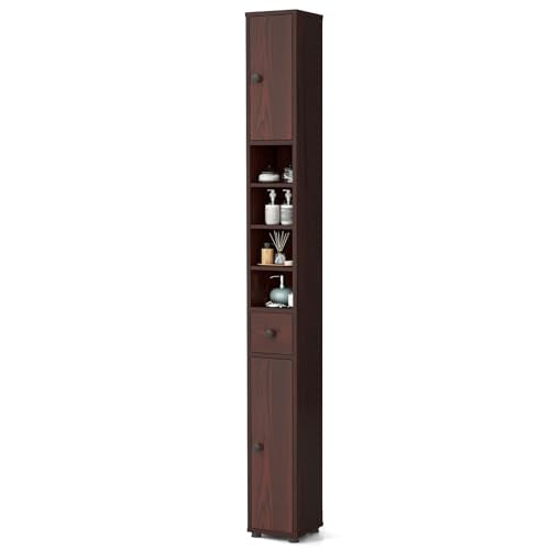 Giantex 71” Tall Slim Bathroom Storage Cabinet (Reddish Brown, 1) | Narrow Floor Cabinet with 2 Doors, 5 Adjustable Shelves, 1 Drawer, Anti-Tipping Device for Small Spaces, Living Room, Kitchen - color: Reddish Brown