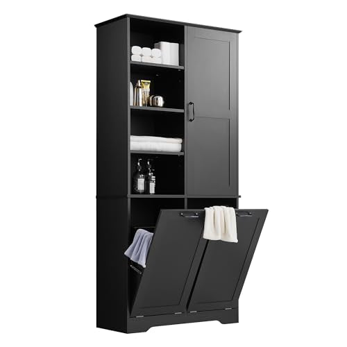 Merax Cabinet with Tilt-Out Laundry Hamper Basket, Tall Bathroom Storage Organizer Linen with Open Shelf for Home, Freestanding, Black - color: Black