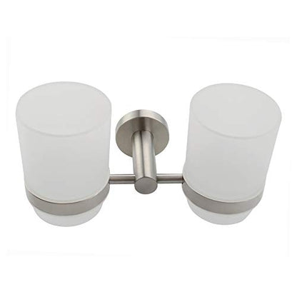 Double Toothbrush Holder, Angle Simple SUS304 Stainless Steel Wall Mounted Glass Tumbler Holder with Frosted Glass Cup Toothpaste Razor Organizer Bathroom Storage, Brushed Nickel - color: Brushed Steel