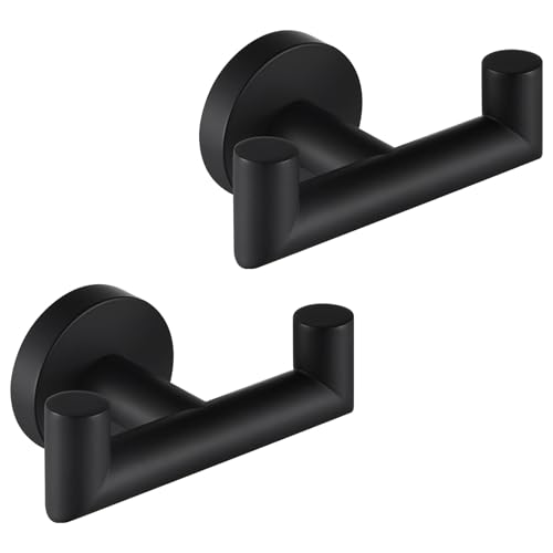 Matte Black Double Towel Hooks for Bathrooms, 2 Pack, Wall Mounted | Rustproof 304 Stainless Steel, Heavy-duty 11lbs Robe Hooks for Towels, Coats, Bags, Shower, Kitchen, Entryway Storage Hook - color: Matte Black