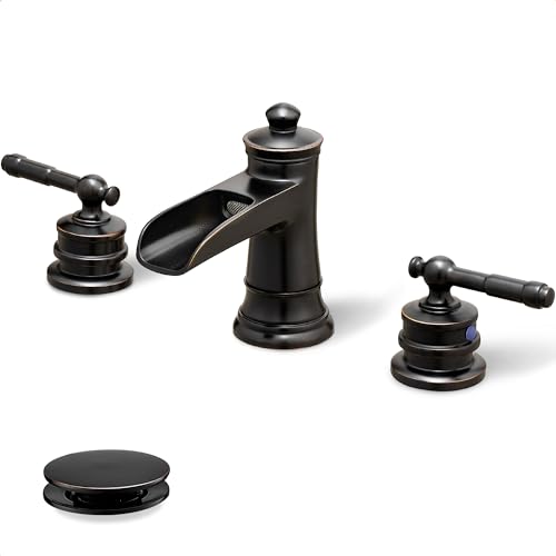 Oil Rubbed Bronze Bathroom Faucet, Brass Waterfall Faucet Widespread Bathroom Sink Faucet 3 Hole, 4-16 Inch Bathroom Faucets with Pop Up Drain 2 Handle & Supply Hose for Hotel Farmhouse Antique - color: Oil Rubbed Bronze - Farmhouse