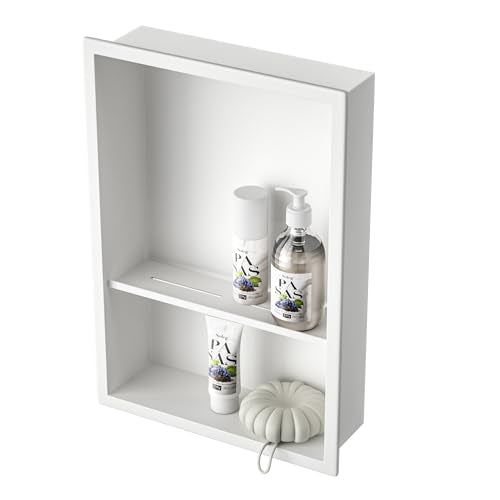Stainless Steel Shower Niche White 18" X 12" No Tile Needed Niche | Recessed shower niche with 2-tiers shelf,space-saving,vertical niche, bathroom niche shower for shampoo & soap storage - color: White, size: 18"x 12"