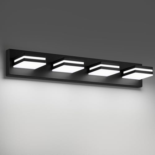 Modern LED Black Acrylic Bathroom Lights Fixtures 4-Light | Wall Lighting,Vanity Lights for Bathroom Over Mirror 6000K 350°Rotate（No Assembly Required） - color: Black, size: 27.17 in