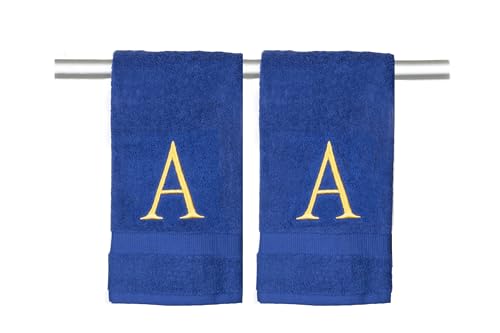 Navy with Gold Monogrammed Hand Towels for Bathroom - Set of 2 Letter A | Luxury Hotel Quality Initial Towels For Powder Room, Spa, GOTS Organic Certified - color: Gold on Navy, size: Initial A