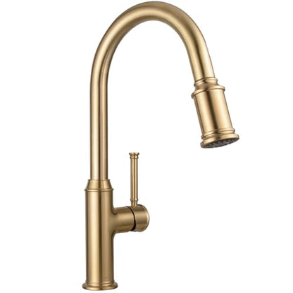Lava Odoro Champagne Gold Kitchen Faucet with Pull Down Sprayer | Single Handle Kitchen Sink Faucet, Gold Faucet for Kitchen Sink 1 Hole, Deck Plate Included, KF421-CB - color: Champagne Gold, style: Standard