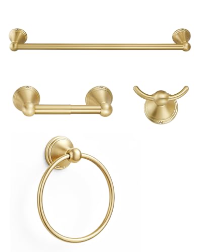 4-Piece Bathroom Hardware Accessories Kit, Zynuhmo Brushed Gold Towel Bar Set Wall Mounted with 20'' Towel Bar, Towel Ring & Toilet Paper Holder, Robe Hook Set Fixtures for Modern Farmhouse Bathroom - color: Brushed Gold