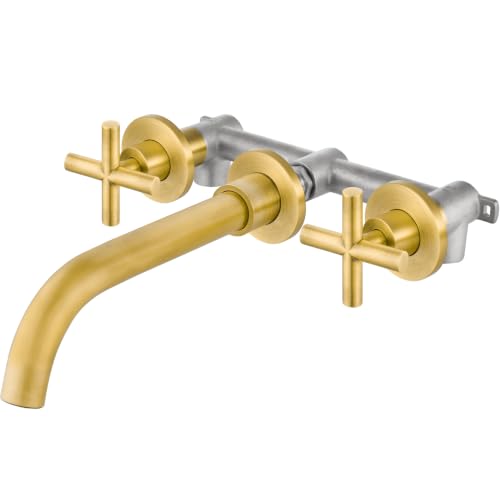 Airuida Solid Brass Antique Brass Wall Mount Bathroom Faucet | 360° Swivel Spout,Rough in Valve,2 Cross Handle,3 Hole,Widespread - color: Antique Brass