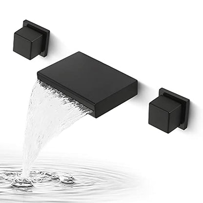 SKOWLL Waterfall Bathroom Faucet Wall Mounted, Matte Black Sink Faucet Bathroom Dual Handle 3 Holes, Modern Faucets 8 Inch Center Rough-in Valve Included - color: Matte Black