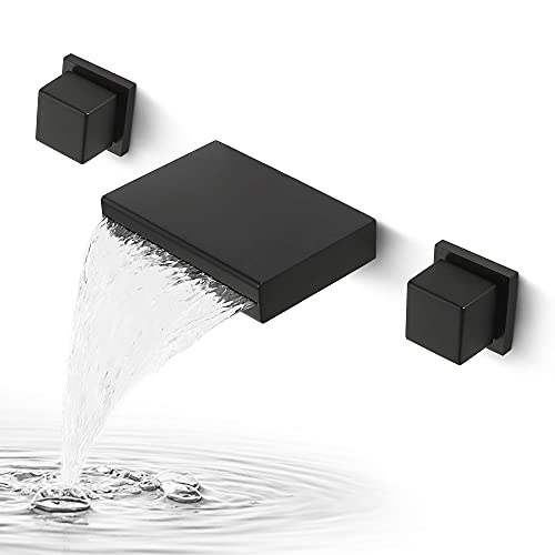 SKOWLL Waterfall Bathroom Faucet Wall Mounted, Matte Black Sink Faucet Bathroom Dual Handle 3 Holes, Modern Faucets 8 Inch Center Rough-in Valve Included - color: Matte Black