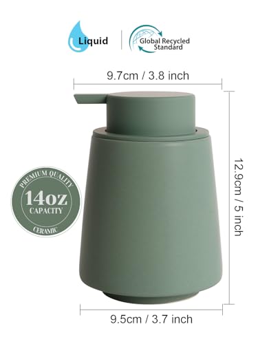 INGOFIN Ceramic Soap Dispenser, 14 oz Bathroom Hand Soap Dispenser, Liquid Dispenser with Pump, Refillable Modern Lotion Dish Dispenser for Kitchen, Matte Green - color: Green-liquid