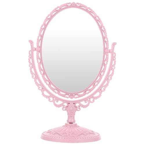 LALAFINA Tabletop Makeup Mirror Vintage Double- Sided Makeup Mirror with Stand Oval Swivel Desktop Vanity Mirror for Girls Women, Round Mirror - color: Pink