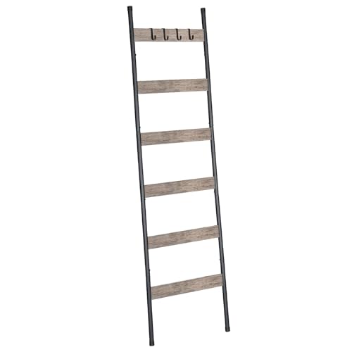HOOBRO Blanket Ladder, 6-Tier Towel Rack with Hooks, Wall-Leaning Blanket Rack, Decorative Display Ladder Shelf, Scarves, Industrial, Living Room, Bedroom, Black and Greige BG66CJ01 - color: Greige + Black, size: 17.3"L x 72.6"W