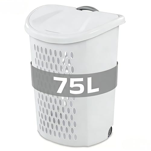 White Wheeled Plastic Laundry Hamper 75L – Adult-Sized Rolling Basket With Handles For Home & Dorms - size: 75L