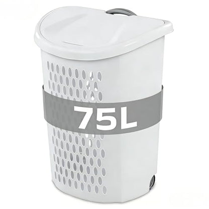 White Wheeled Plastic Laundry Hamper 75L – Adult-Sized Rolling Basket With Handles For Home & Dorms - size: 75L