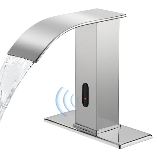 Automatic Motion Sensor Faucet with Waterfall Spout,Stainless Steel Sink Faucet with Hole Cover Plate (Regular, Chrome) - color: Chrome, size: Regular Waterfall