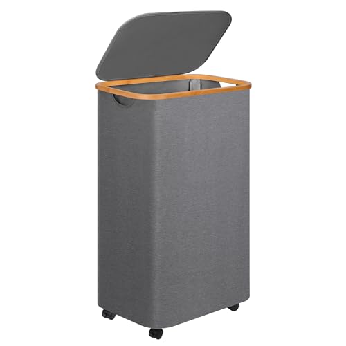 Laundry Basket with Wheels,100L Hampers for Laundry,Large Laundry Hamper with Lid and Bamboo Handles,Collapsible & Waterproof Tall Cloth Hamper for Dormitory Family,Grey - color: Grey, size: 100L with Wheels