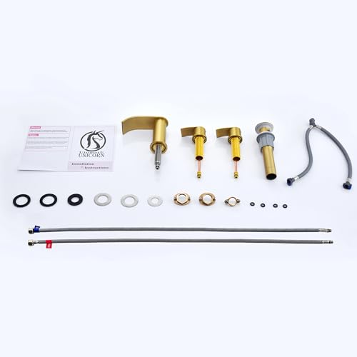 Ultimate Unicorn 8 inch Bathroom Faucet Brushed Gold, Waterfall Bathroom Faucet with Metal Pop-up Sink Drain Stopper and 2 Supply Hoses,2 Handle Widespread Faucets for Vanity Sink 3 Holes | Bathroom Faucet with Metal Pop-up Sink Drain Stopper and 2 Supply